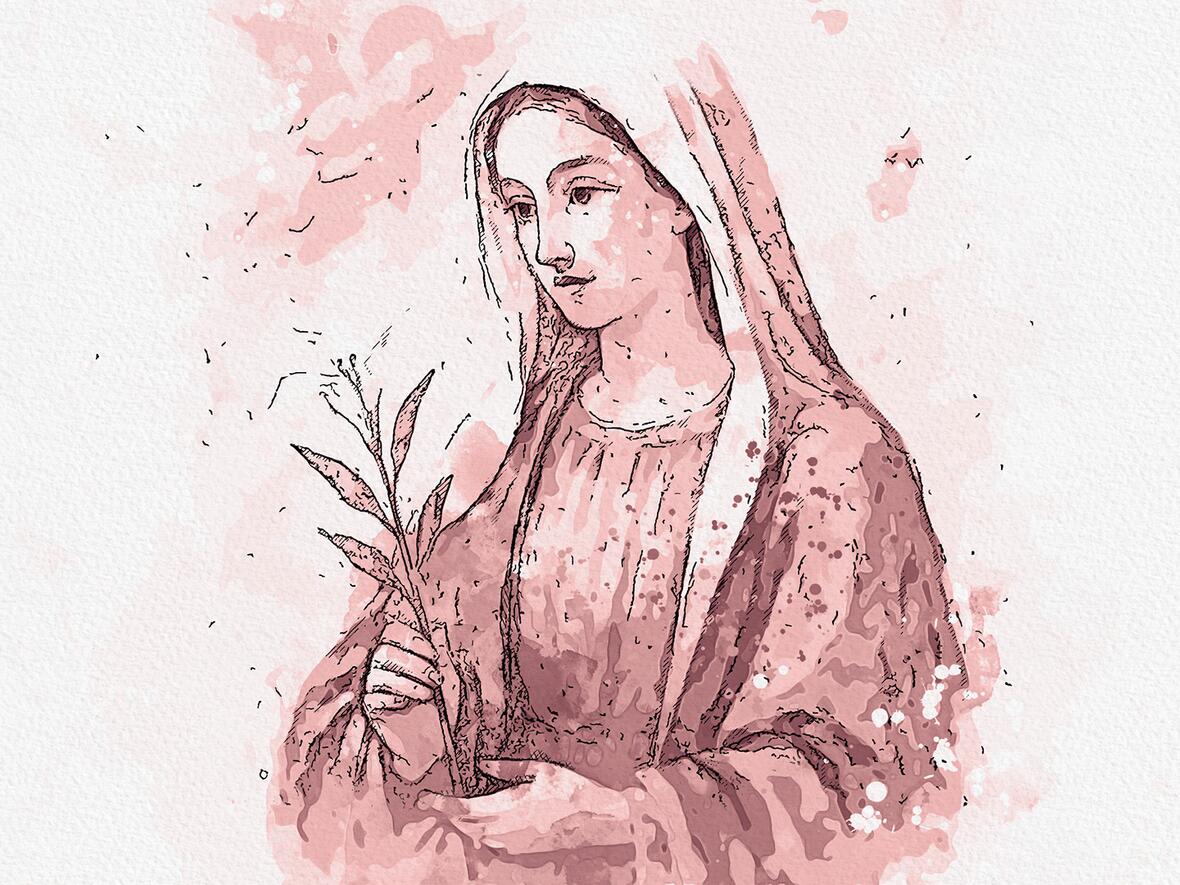 Darstellung der Maria, umgeben von zarten Farben, mit einer Blume in der Hand.