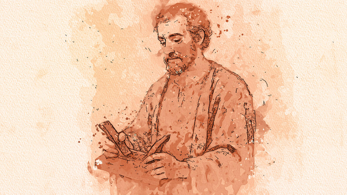 Darstellung des Heiligen Josef, der mit Werkzeugen arbeitet, umgeben von sanften Farbtönen.