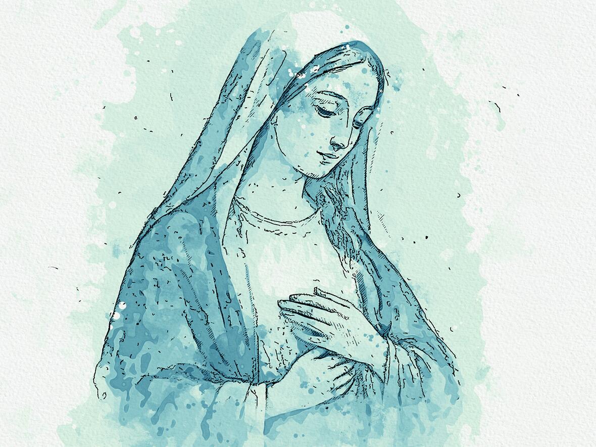 Darstellung der Jungfrau Maria in sanften Blau- und Grüntönen.