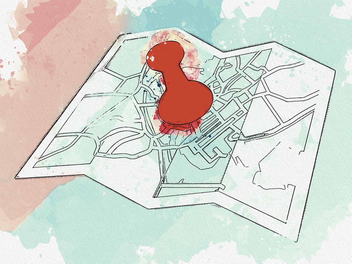 Karte mit einer roten Stecknadel, die Punkt in der Stadt markiert, im Aquarellstil.